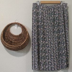 Vintage Navy Pleated Floral Midi-Skirt